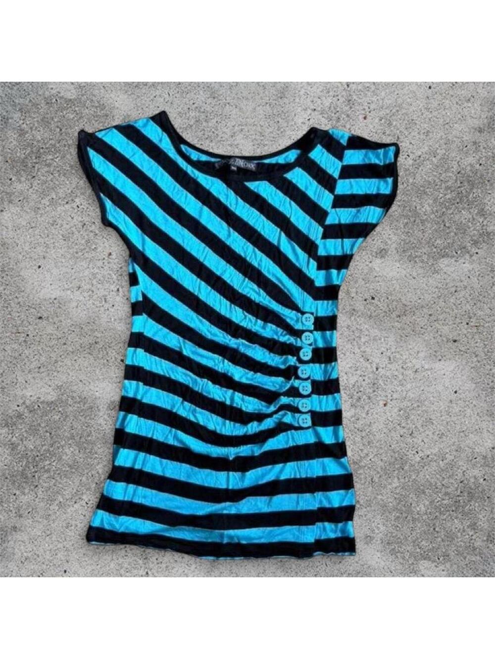 zone choc teal and black striped top with button details